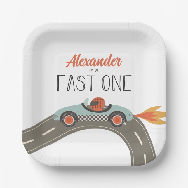 Fast One blue Race Car Birthday Paper Plate (Front)