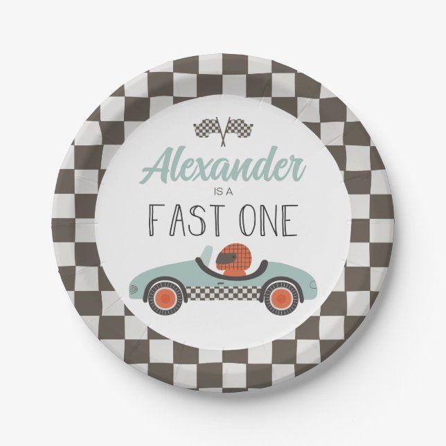 Fast One blue Race Car Birthday Paper Plates (Front)