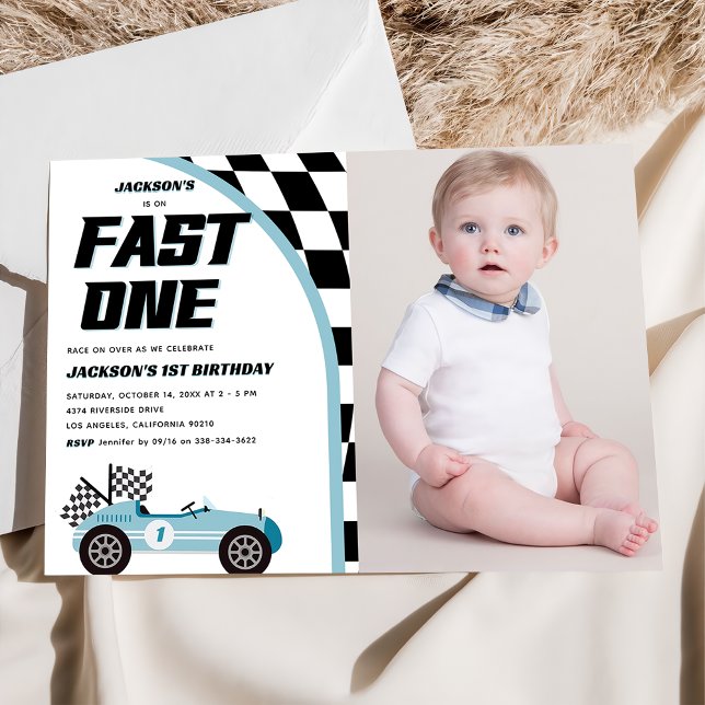 Fast One Blue Race Car Birthday Party Photo Invitation (Creator Uploaded)