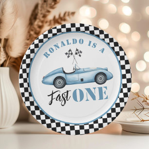 Fast One Blue race car Boy 1st Birthday Paper Plate
