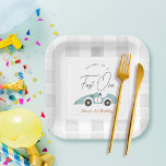 Fast One Blue Race Car Boy 1st Birthday Paper Plate<br><div class="desc">This cute and retro "fast one" boy's 1st/first birthday paper plate features a white background with a light blue race car. Personalise it for your needs. You can find matching products at my store</div>