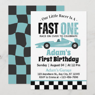Fast One Blue Race Car Boy 1st Birthday Party  Invitation