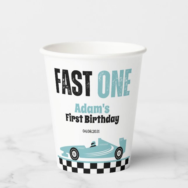 Fast One Blue Race Car Boy 1st Birthday Party Paper Cups (Front)
