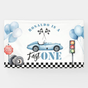 Fast One Blue race car Boy 1st Birthday Photo Banner