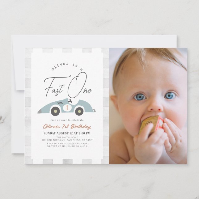 Fast One Blue Race Car Boy 1st Birthday Photo Invitation (Front)