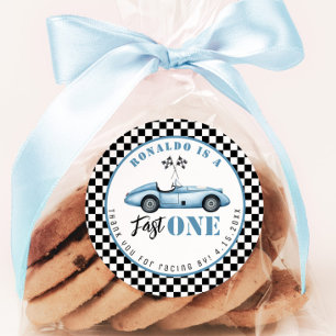 Fast One Blue race car Boy Birthday Thank you Classic Round Sticker