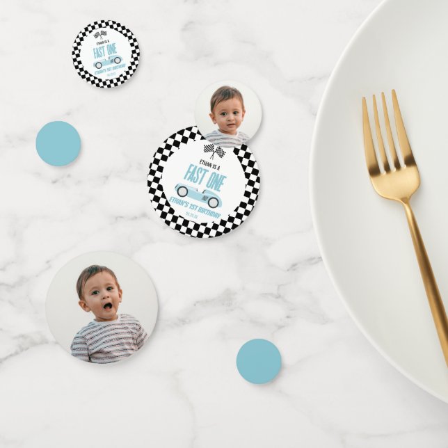 Fast One Blue Race Car Photo 1st Birthday Party Confetti (Group)