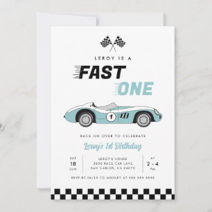 Fast One Blue Vintage Race Car Boy 1st Birthday Invitation