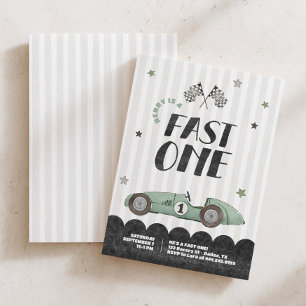 Fast One Boys Green Racecar 1st Birthday Invitation