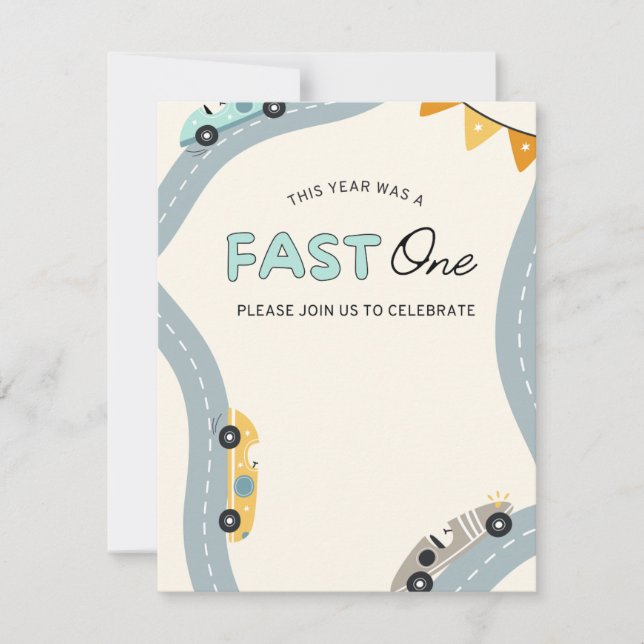 Fast One first birthday invitation kids 1st (Front)