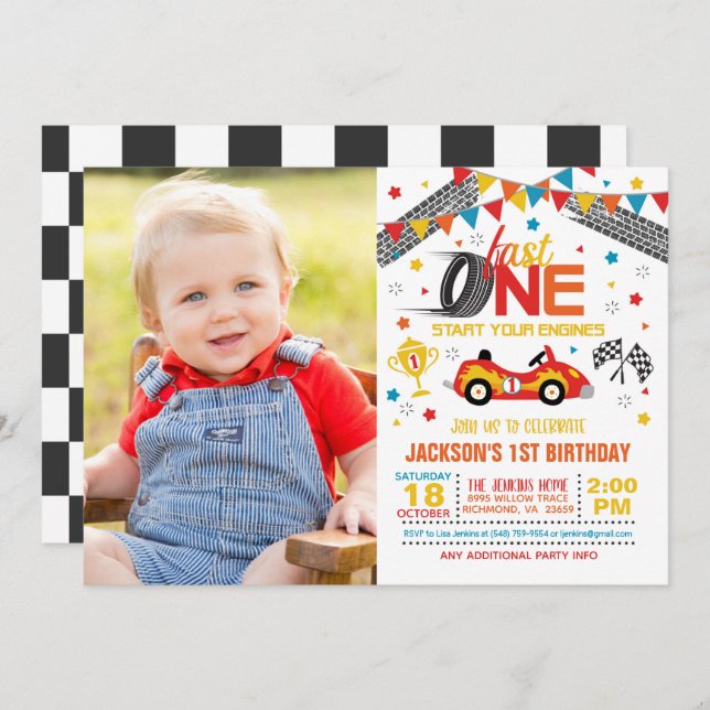 Fast One First Birthday Invitation with Photo  (Front/Back)