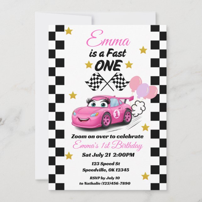 Fast One Girl's First Birthday Invitation Race Car (Front)