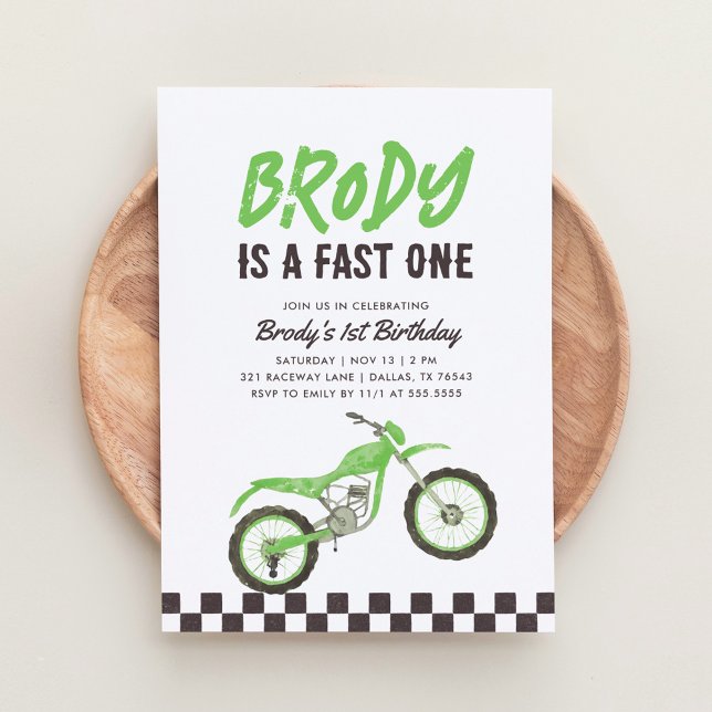 Fast One Green Dirt Bike Boy 1st Birthday Invitation (Creator Uploaded)