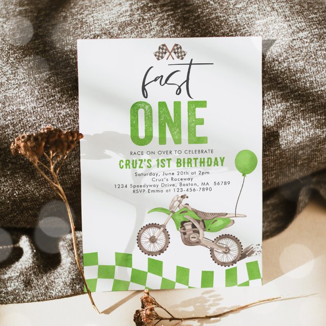 Fast One Green Dirt Bike Boy 1st Birthday Party  Invitation (Creator Uploaded)