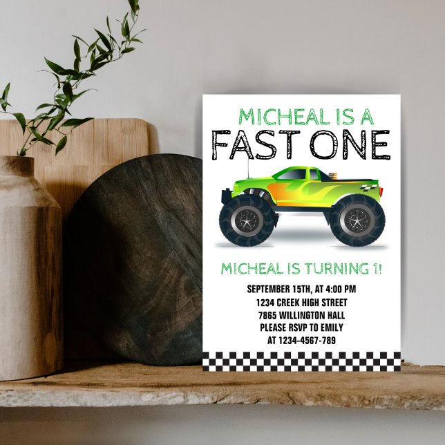 Fast One Green Monster Truck First Birthday  Invitation (Creator Uploaded)