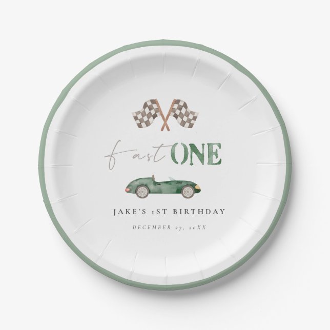 Fast ONE Green Retro Race Car Paper Plates (Front)