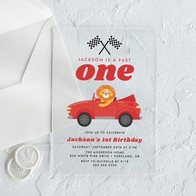 Fast One Lion Red Race Car Boy 1st Birthday Acrylic Invitations (Creator Uploaded)