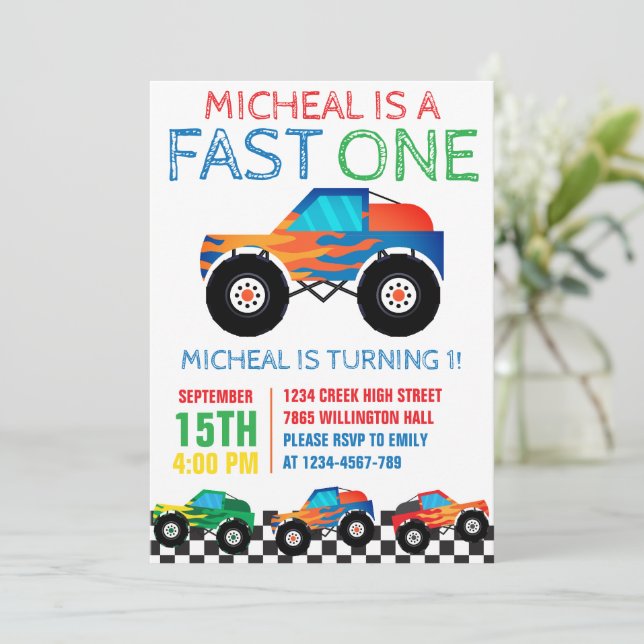 Fast One Monster Truck First Birthday  Invitation (Standing Front)