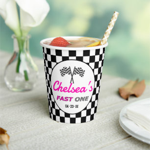 Fast ONE Pink Black White Race Car Flags Birthday Paper Cups