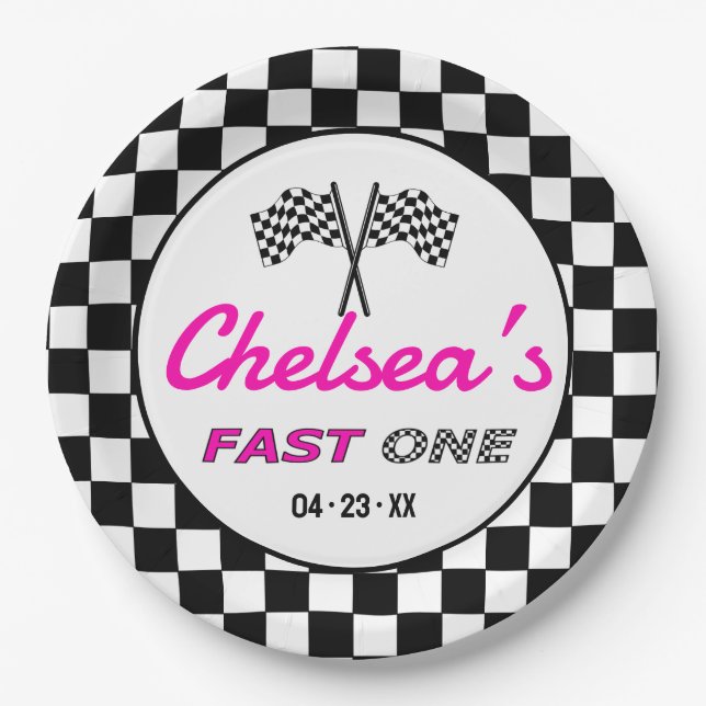 Fast ONE | Pink Custom Black White Race Car Flags Paper Plate (Front)