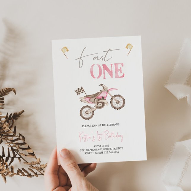 Fast ONE Pink Dirt Bike Birthday Invitation  (Creator Uploaded)