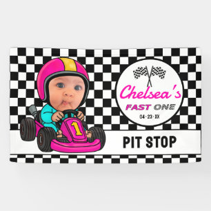 Fast ONE Pink Race Car Driver Pit Stop Birthday Banner