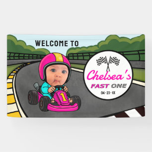Fast ONE Pink Race Car Driver Welcome Birthday Banner