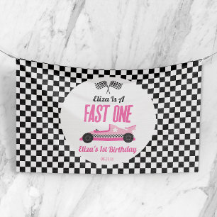 Fast One Pink Race Car First 1st Birthday Party Banner
