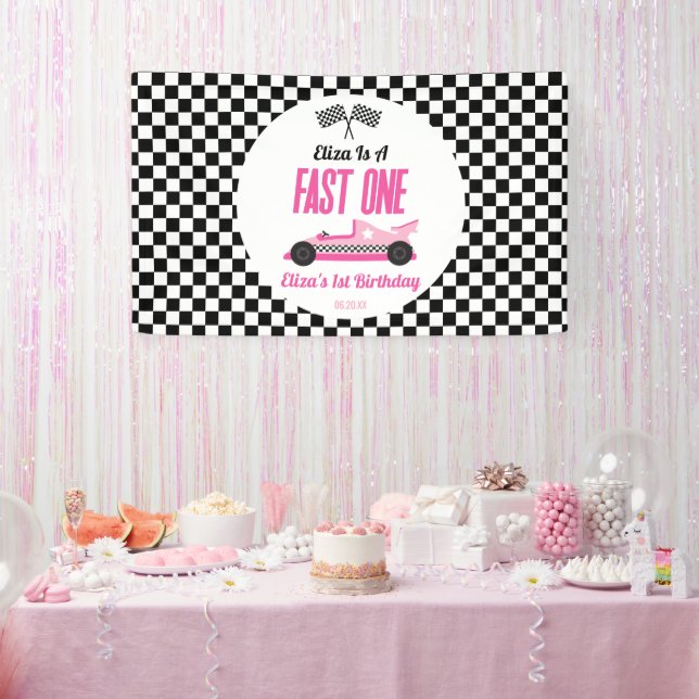 Fast One Pink Race Car First 1st Birthday Party Banner (Party)