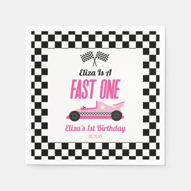 Fast One Pink Race Car First 1st Birthday Party Napkin (Front)