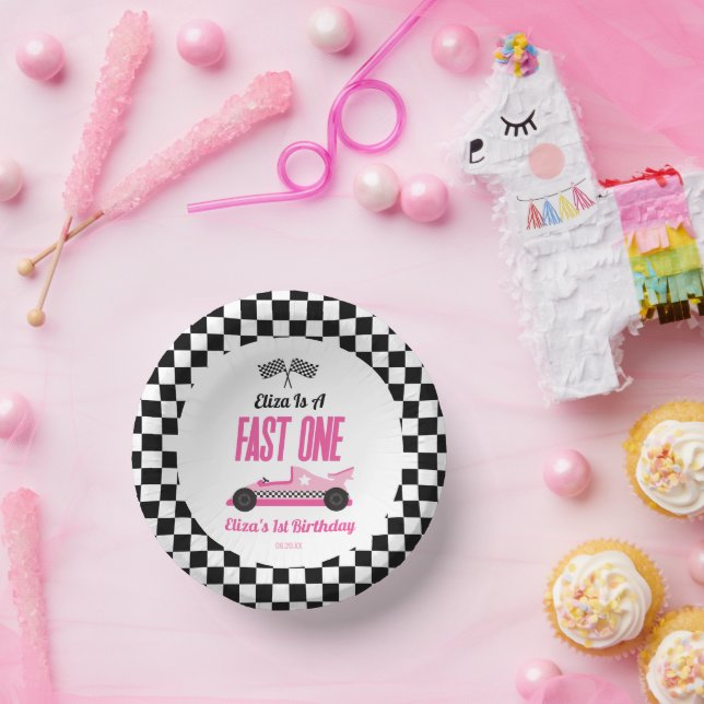Fast One Pink Race Car First 1st Birthday Party Paper Plate (Party)