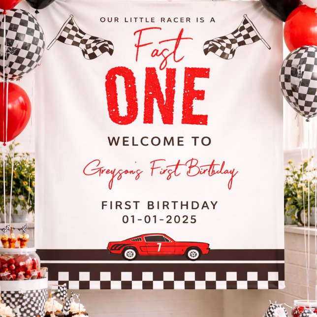  Fast One Race Car 1st Birthday Banner (Fast One Race Car Boy 1st Birthday Party banner)