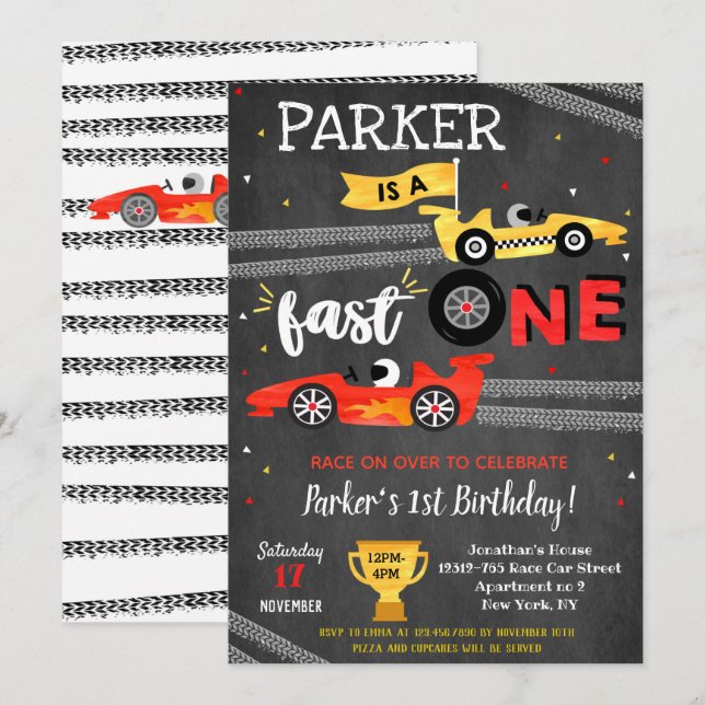 Fast One Race Car 1st Birthday Party Invitations  (Front/Back)