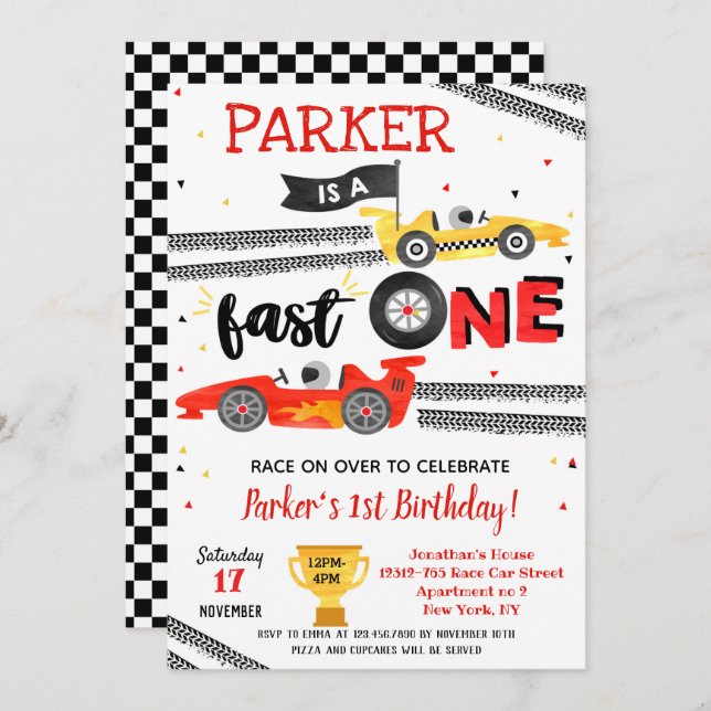 Fast One Race Car 1st Birthday Party Invitations  (Front/Back)