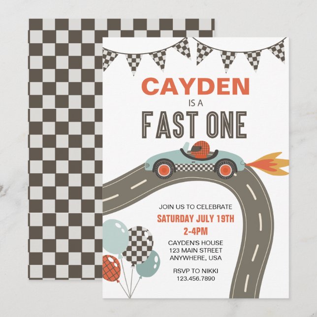 Fast One Race Car Birthday Invitation (Front/Back)