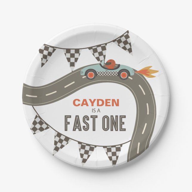 Fast One Race Car Birthday Paper Plate (Front)