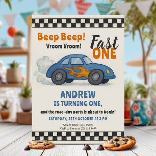 Fast One Race Car Birthday Party Invitation
