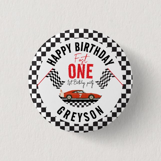 Fast One Race Car Boy 1st Birthday Party 3 Cm Round Badge (Front)