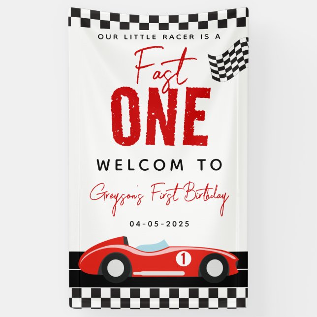 Fast One Race Car Boy 1st Birthday Party Banner (Vertical)