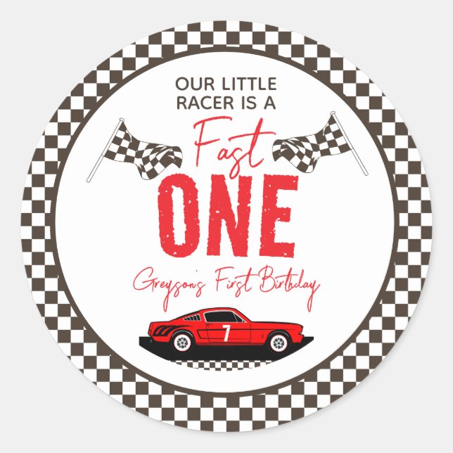 Fast One Race Car Boy 1st Birthday Party Classic Round Sticker (Front)
