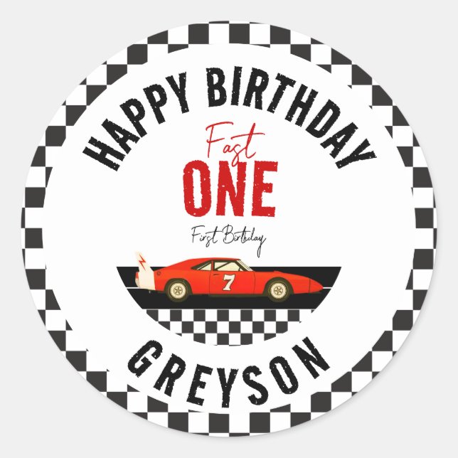 Fast One Race Car Boy 1st Birthday Party Classic Round Sticker (Front)