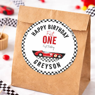 Fast One Race Car Boy 1st Birthday Party Classic Round Sticker