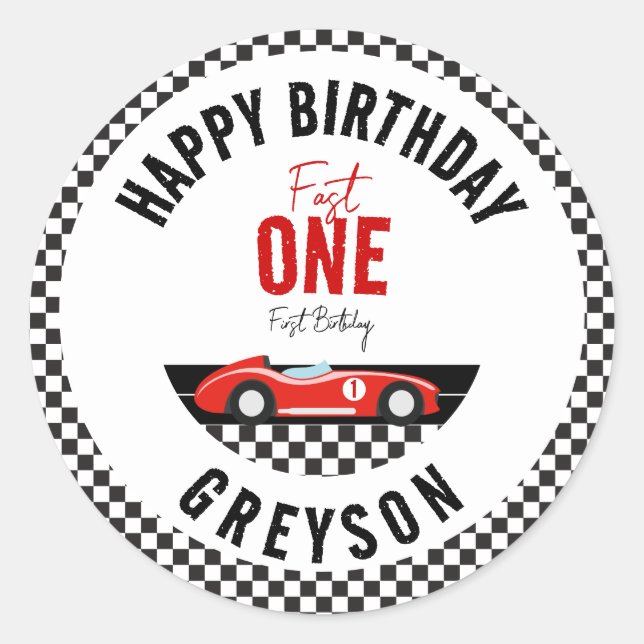 Fast One Race Car Boy 1st Birthday Party Classic Round Sticker (Front)
