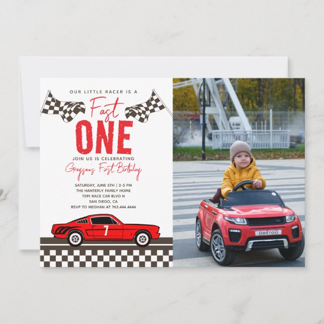 Fast One Race Car Boy 1st Birthday Party Invitation (Front)