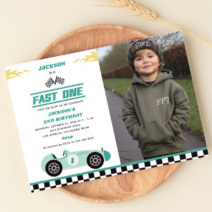 Fast One Race Car Boy 1st Birthday Party Photo  Invitation