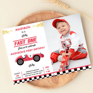 Fast One Race Car Boy 1st Birthday Party Photo Invitation