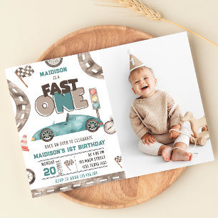 Fast One Race Car Boy 1st Birthday Party Photo Invitation