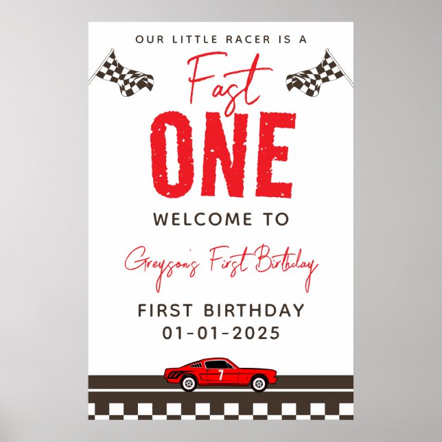 Fast One Race Car Boy 1st Birthday Party Poster (Front)