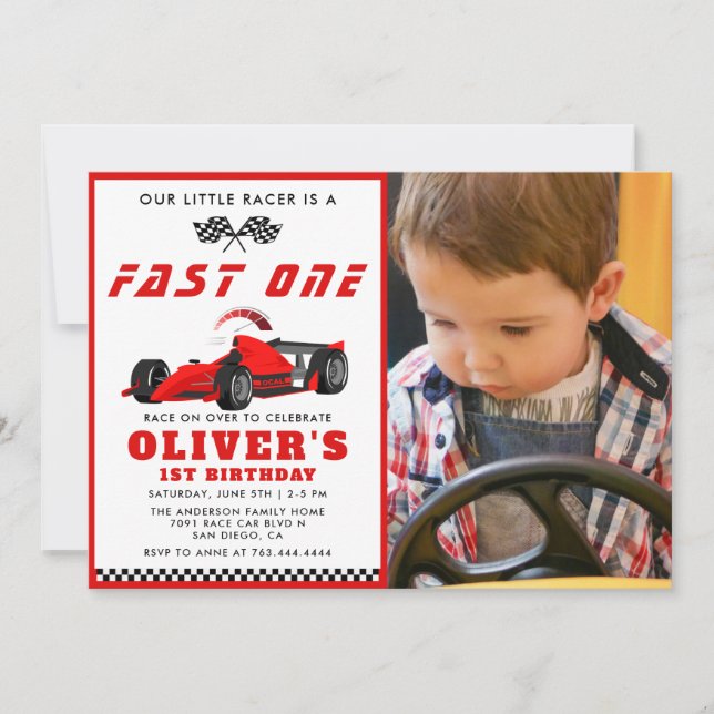 Fast One Race Car Boy 1st Photo Birthday Party  Invitation (Front)