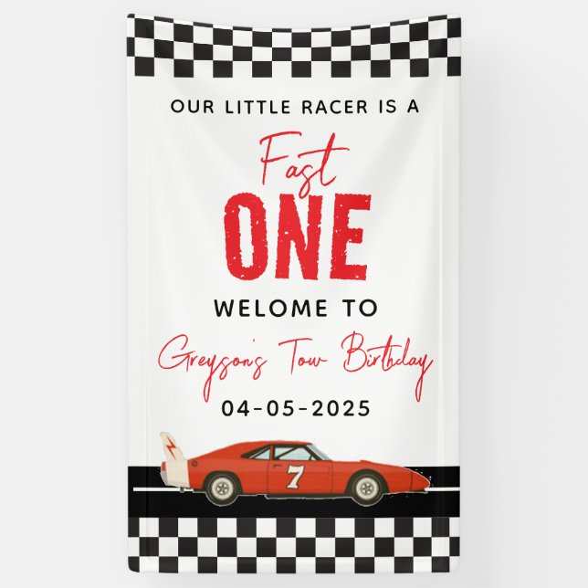 Fast One Race Car Boy 2nd Birthday Party  Banner (Vertical)